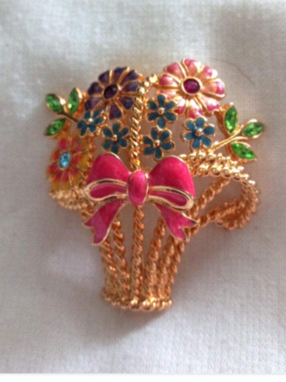 Christopher Radko Flower Basket Brooch Rhinestone Bouquet Pin Floral Gold Tone